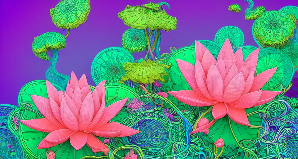 Prompt: psychedelic 3d vector art illustration of garden full of exotic lotus flowers and tentacles by Lisa frank, Beeple and Tim Hildebrandt, hyper realism, Art Nouveau , intricate, elegant, highly detailed, unreal engine, octane render, artstation, smooth, sharp focus, sharp contrast