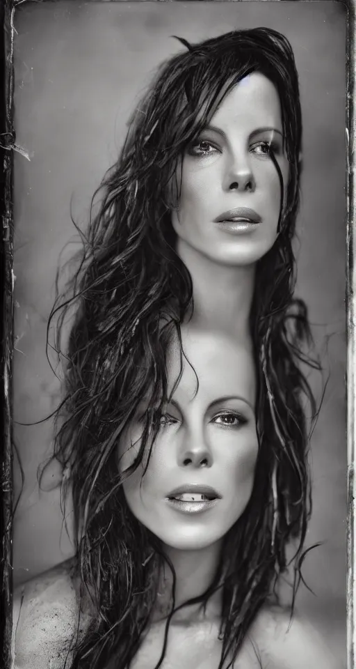 Prompt: wet plate photograph, a portrait of Kate Beckinsale