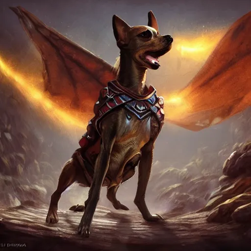 Image similar to chihuahua Dog, battle armour, Anthropomorphized, casting epic spell, magic the gathering artwork, D&D, fantasy, cinematic lighting, centered, symmetrical, highly detailed, digital painting, artstation, concept art, smooth, sharp focus, illustration, volumetric lighting, epic Composition, 8k, art by Akihiko Yoshida and Greg Rutkowski and Craig Mullins, heroic pose, oil painting, cgsociety, magic lab background