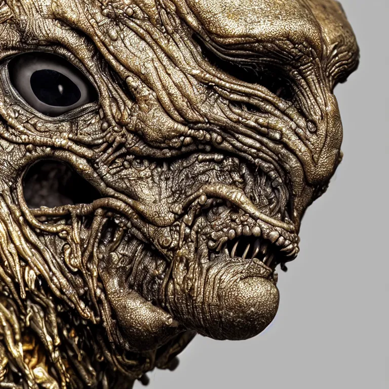 Image similar to photo taken of an epic intricate, ultra detailed, super realistic gritty, wet, lifelike sculpture of am alien grey creature created by weta workshop, zoomed in shots, sublime subsurface scattering, photorealistic, sharp focus, white wall coloured workshop, cold colour temperture, f 0. 4, face centred, golden ratio, golden hour