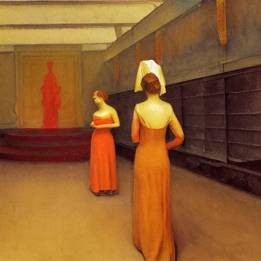 Prompt: procession of red and gold women in a soviet abandoned temple, dripping watercolor by hammershøi, highly detailed, art nouveau wallpaper, lights by edward hopper, liminal, eerie, pastel colors, limited palette