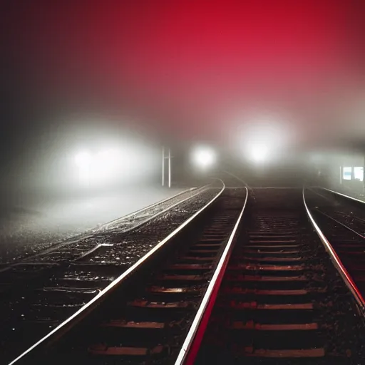 Prompt: photography of busy train station , fog, gigantic monster shape in the fog, small red lights, night, mood, atmospheric, full of colour, digital photography