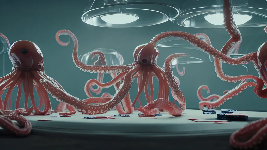 Prompt: hyperrealism simulation highly detailed human octopuses'wearing transparent jackets, playing poker in surreal scene from art house movie from future by wes anderson and denis villeneuve rendered in blender and octane render