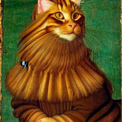 Prompt: beautiful renaissance painting portrait of ginger maine coon by sandro botticelli, jan van eyck, tiziano vecelli, piero della francesca