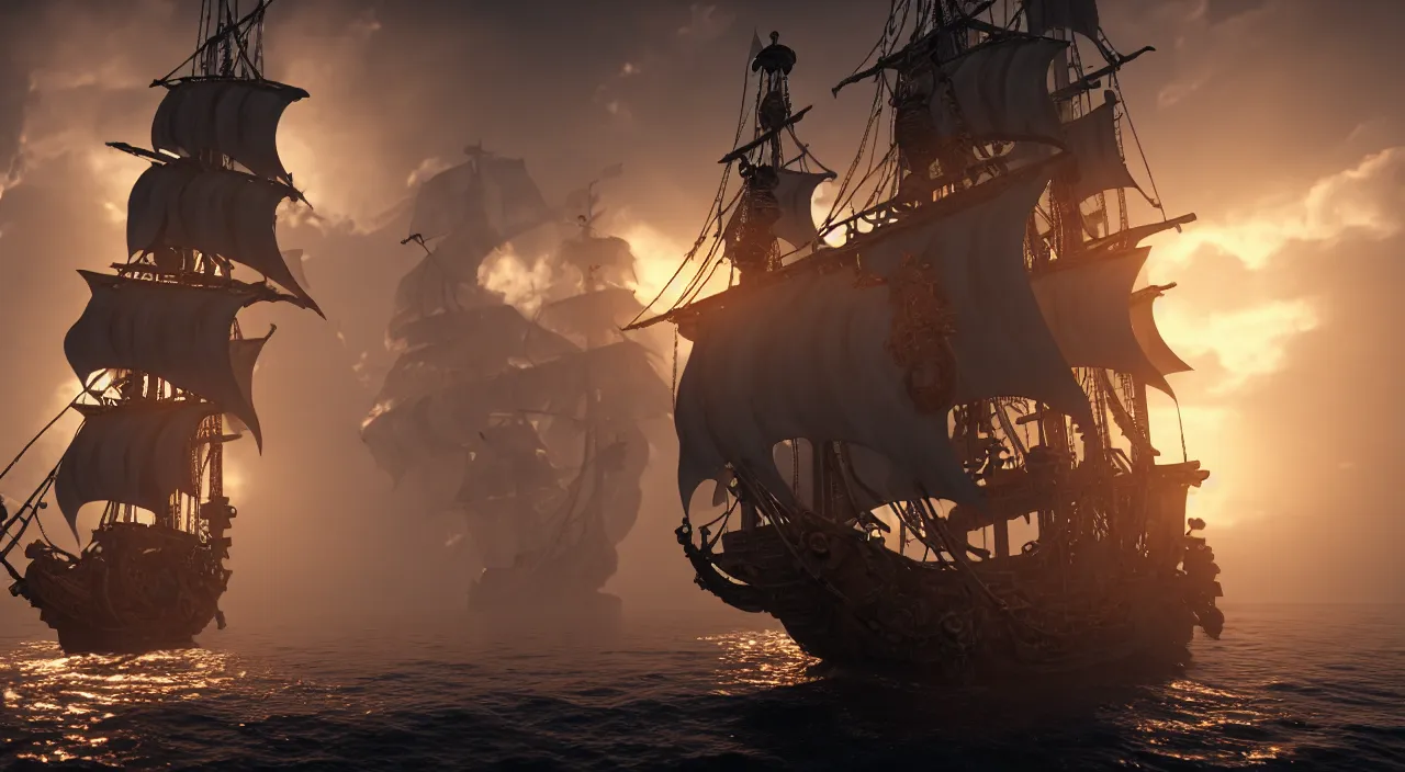 Image similar to ghost pirate ship with a pirate on the foreground, highly detailed, photorealistic portrait, bright studio setting, studio lighting, crisp quality and light reflections, unreal engine 5 quality render