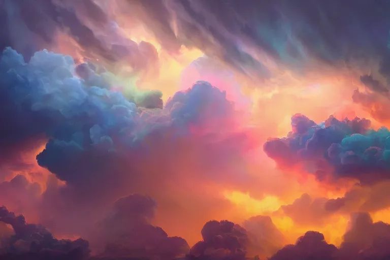 Prompt: oil on canvas of colorful stormy clouds, stormy ocean, forces of natures, clouds, sun rays, volumetric lighting, beautiful, deep colors, bright, amazing, gorgeous, wonderful, Hyper detailed digital matte painting, cinematic lighting, beatifully lit, concept art, hyperrealism, Cinema 4D, 8k resolution, 64 megapixels, coherent, CGSociety, ZBrush Central, behance HD, hypermaximalist, a masterpiece, 4K, trending on artstation