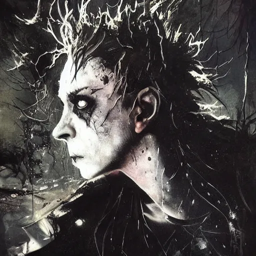 Image similar to gaunt ( the cure fan ) as dream from sandman, dim stars as eyes, by jeremy mann, by cedric peyravernay, by by russ mills, by richard avedon and ben templesmith, dramatic lightning, sadness, dark eye sockets, in the shadows, punk rock, gothic, high detailed, 8 k