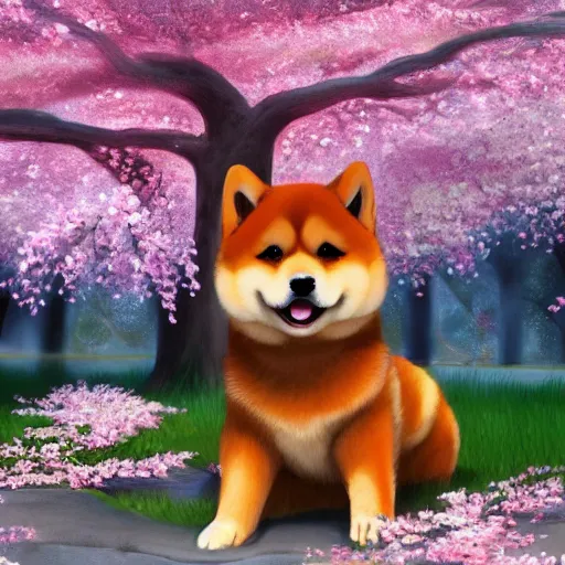 Image similar to hyper realistic cute fluffy shiba inu plays under the cherry blossom tree, highly detailed, digital painting, artstation, concept art, movie still, smooth, sharp focus uhd 8 k