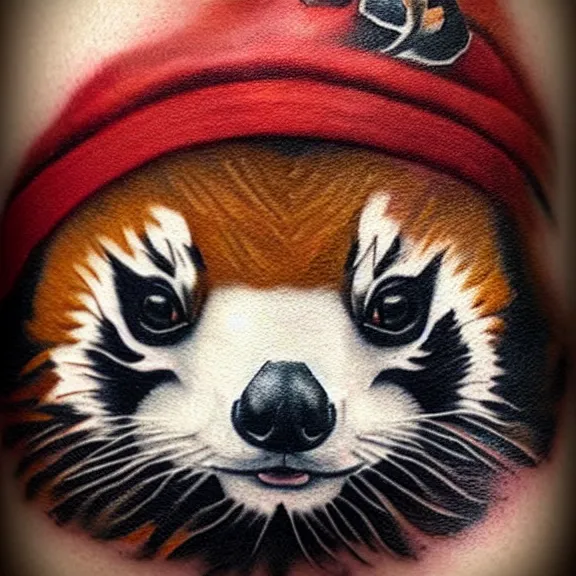 Image similar to “neotraditional tattoo of a red panda in a fullcap hat, digital art, tattoo art, highly detailed, hiperrealistic, photorealistic, 4k UHD, Zoltán Szente”