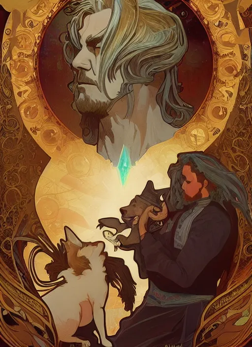 Image similar to beautiful illustration of a wizard with a dog as a god with alphonse mucha and craig mullins, gorgeous, amazing, flowing hair, muscular, very muscular male body, in the style abigail larsonand and sam guay, rim light, beautiful lighting, 8 k, stunning scene, octane, trending on artstation