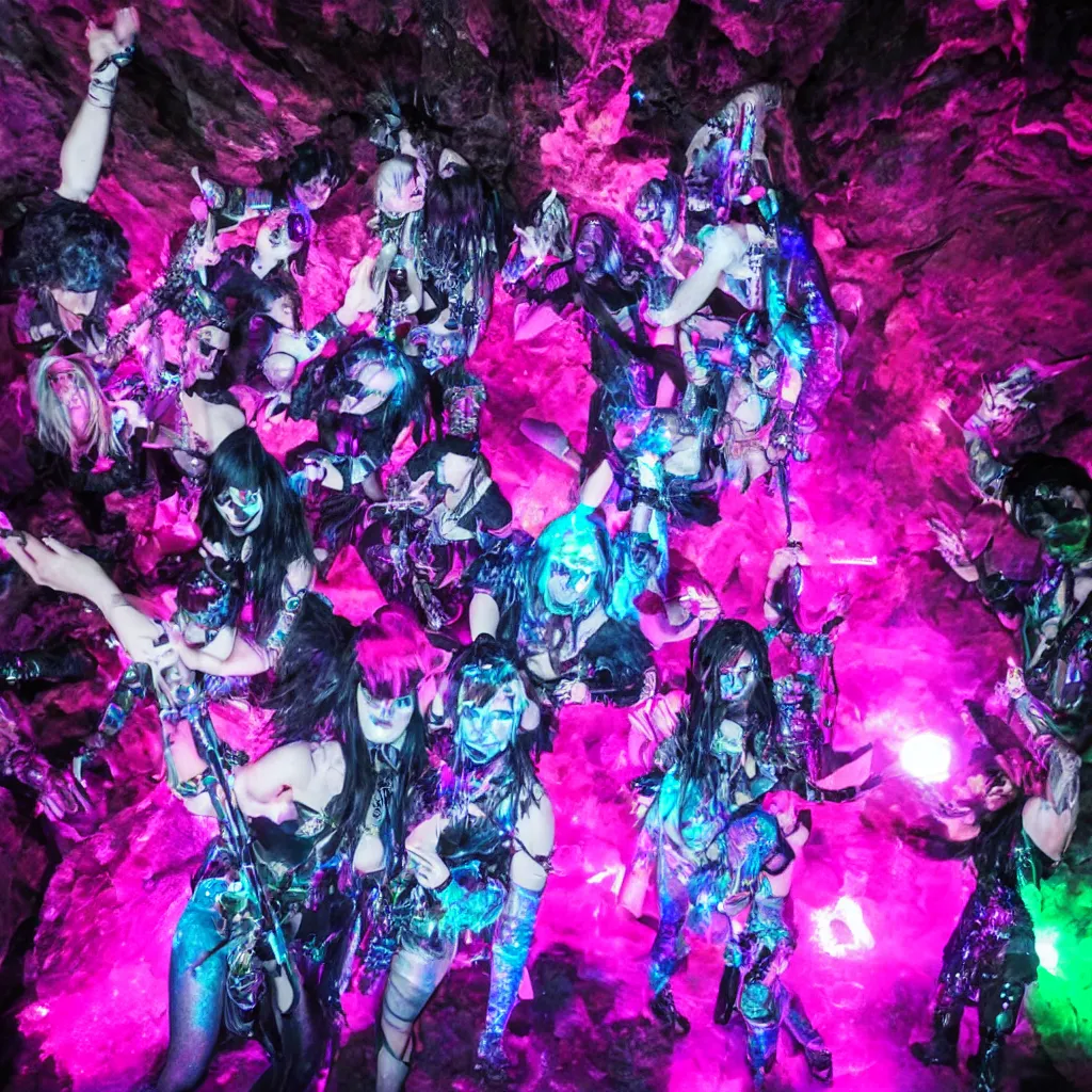 Prompt: goth disco in a cave with holographic knives!!! with pink lasers and blue crystals, brutal weapons!!! swords!!! goth people dancing, dark evil ritual, 8 k photograph