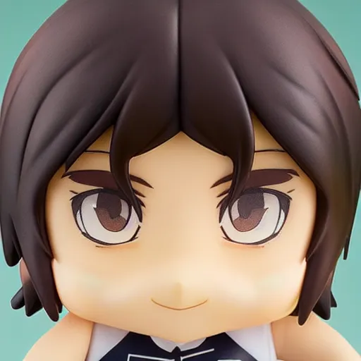 Prompt: nendoroid of a white male who is fat, has dark brown wavy hair, dark brown eyes, a round face and small lips