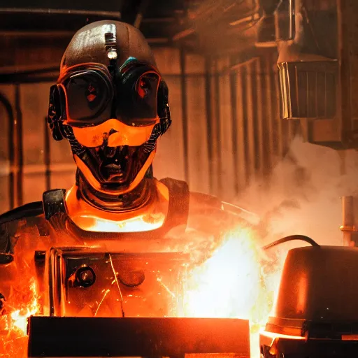 Image similar to cyborg with toaster oven chest, dark messy smoke - filled cluttered workshop, dark, dramatic lighting, orange tint, sparks, cinematic, highly detailed, sci - fi, futuristic, movie still