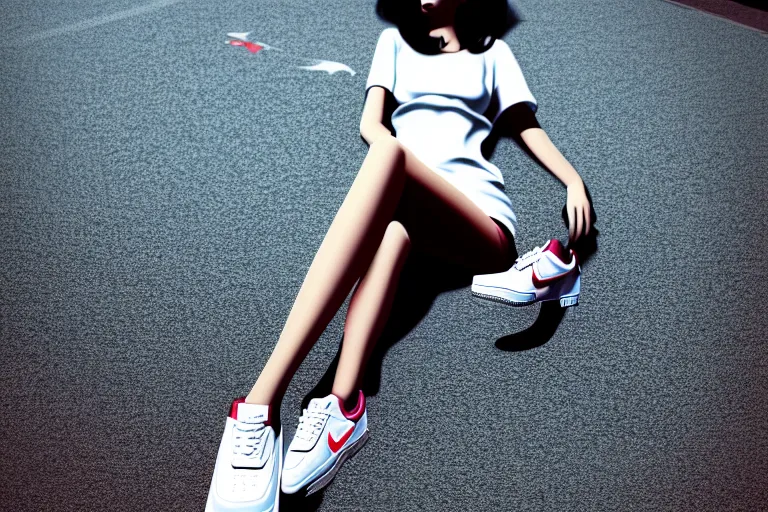 Image similar to a ultradetailed painting of a stylish woman laying on the ground, she is wearing nike air force 1 sneakers, by ilya kuvshinov, trending on artstation