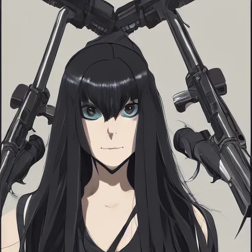 Image similar to upper body portrait of a beautiful girl with long black hair, wearing black riot gear, holding AR-15, drawn by Makoto Shinkai, in the style of Studio Key, attractive character, colored sketch anime manga panel, trending on Pixiv