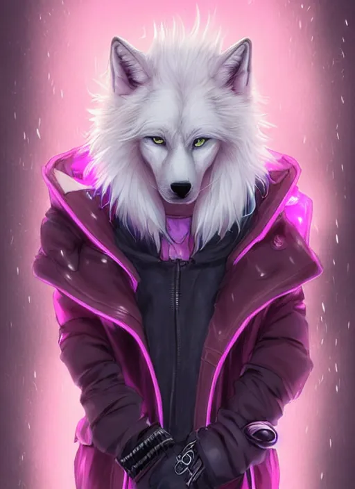 Image similar to award winning beautiful portrait commission of a male furry anthro albino wolf fursona with a tail and a cute beautiful attractive detailed furry face wearing stylish black and pink cyberpunk clothes in a cyberpunk city at night while it rains. Character design by charlie bowater, ross tran, artgerm, and makoto shinkai, detailed, inked, western comic book art