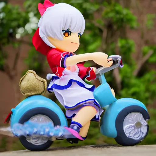 Prompt: touhou plush toy ride the bike