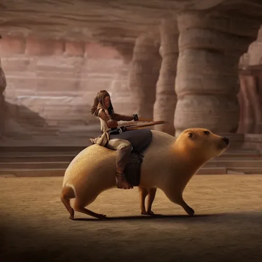 Image similar to female jedi riding a giant capybara into battle unreal 5, hyperrealistic, realistic, photorealistic, dynamic lighting