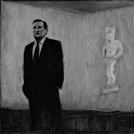 Image similar to Ted Cruz stands alone, the last man on earth, black and white, creepy lighting, scary, horror, ornate, eerie, fear, oil painting