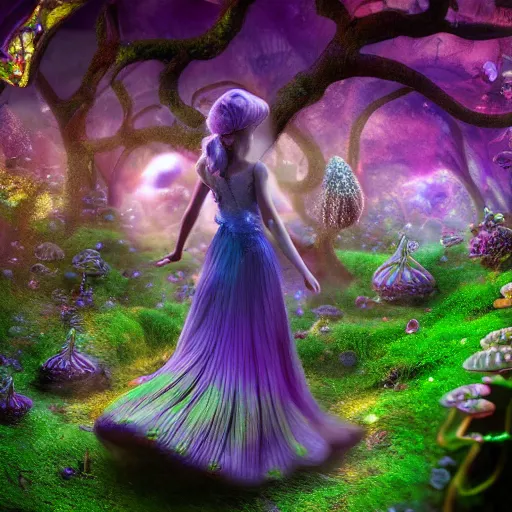 Image similar to beautiful faerie princess walks through happy trippy fungal landscape, weta pixar 8 k detailed face award winning photography