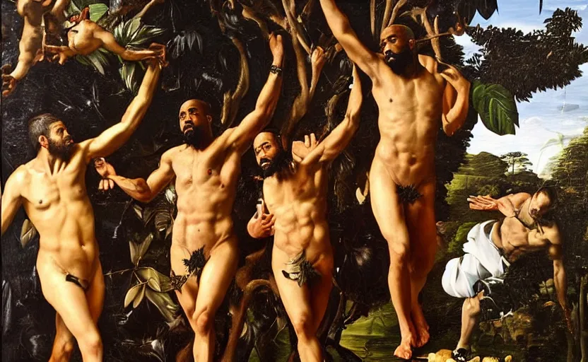 Prompt: kanye west in the garden of eden by caravaggio, highly detailed, intricate details, oil painting, deep impasto