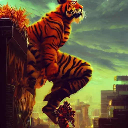 Prompt: crisp defined Man Streetfighter Dude wearing Tiger Costume standing atop dumpster greg danton tony sart raymond swanland chris foss chris cold christophe young acrylic 4k artstation wikiart wikipedia realism tilt-shift