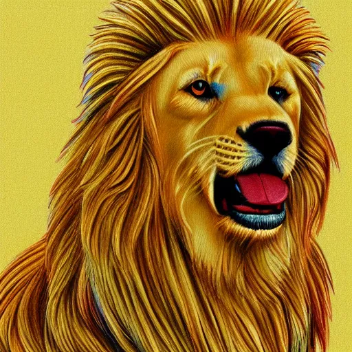 Prompt: finished drawing of a golden retriever lion, crayons. high details, cubic, artstation trending