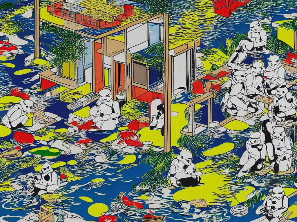 Image similar to close - up image of a japanese house with a pond, stormtroopers sitting around it, in style of pop - art, andy warhol, roy lichtenstein, jackie tsai, bright palette, acrylic on canvas