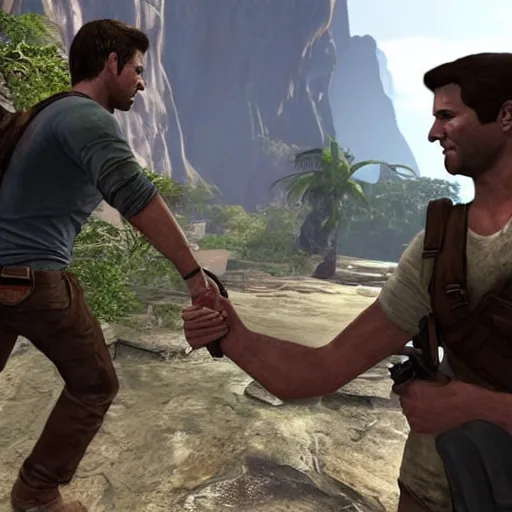 Image similar to nathan drake from uncharted shaking hands with donald trump