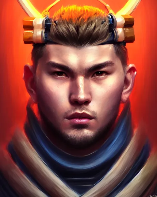 Image similar to face portrait of luka doncic as a muscular ronin samurai, wearing a haori, by wlop and peter mohrbacher, dramatic action pose, extremely detailed shading, concept art, digital painting, trending on artstation, unreal engine 5, octane render, atmosphere, glow, cinematic lighting, full of color