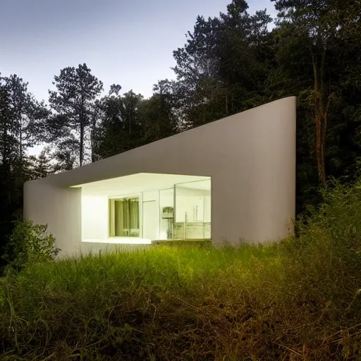 Image similar to atmospheric cozy futuristic organic white concrete house in the middle of a lush and dense forest at night, a beautiful lake next to it, night time, night sky, starry night sky