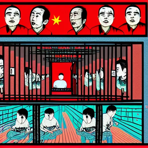 Image similar to a chinese prison, in the style of daniel johnston and outsider art, 8 k, line brush, overlaid with chinese adverts