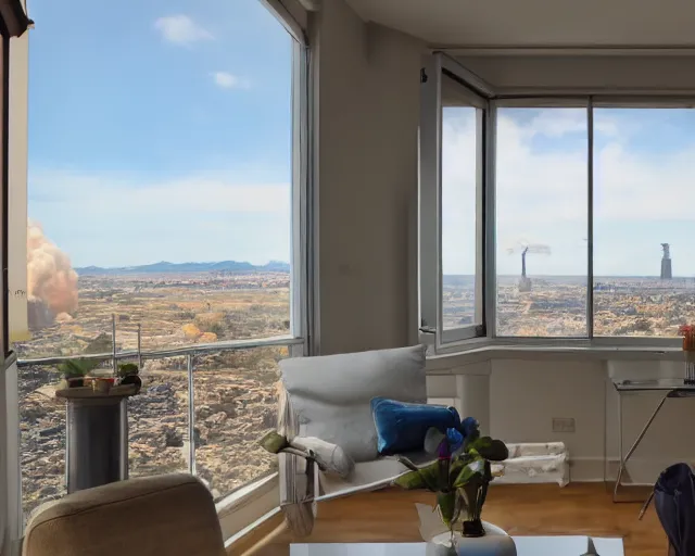 Prompt: an luxury apartment window view of a nuclear explosion