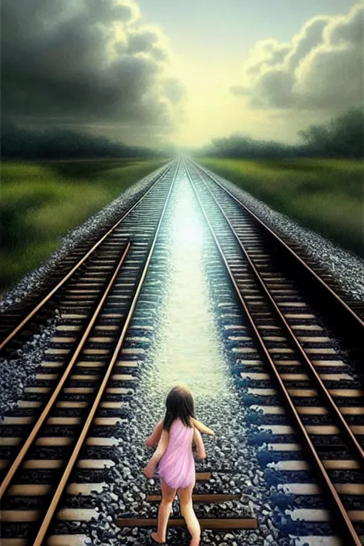 Image similar to reflective water submerges invisible underwater train tracks as a barefoot girl carries her shoes, there is a train station in the distance and large white clouds on a wide horizon, intricate, elegant, highly detailed, digital photo, artstation, concept art, smooth, sharp focus, low angle photo, art by artgerm and greg rutkowski and fra angelico