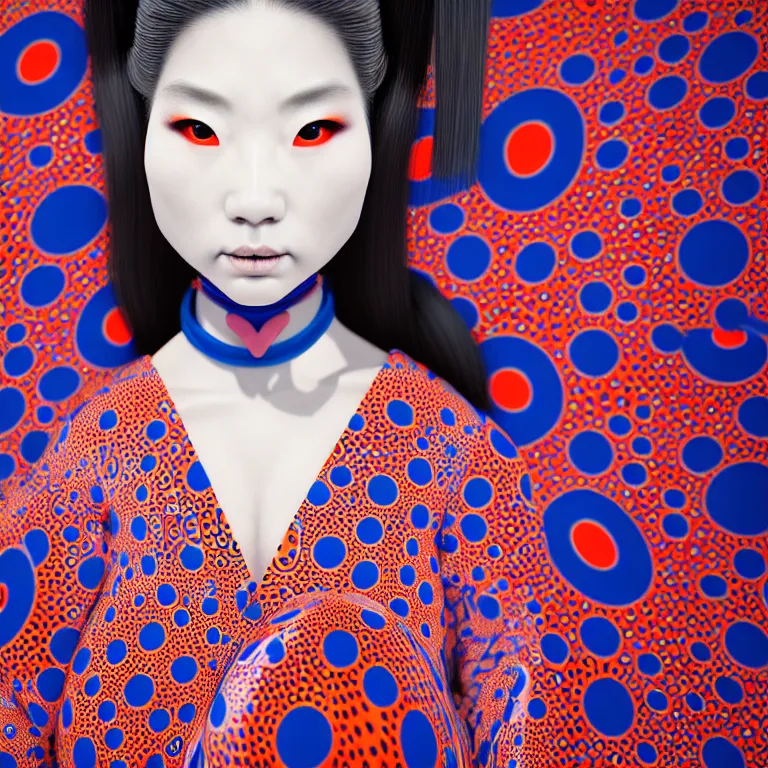 Image similar to hyperrealistic detailed image of a geisha in a art installation room, hd smooth interior by yayoi kusama, part by kei mieno, part by ross tran, dark art by james jean, ultra realistic, highly detailed, life like face, detailed body, 8 k, 3 d render by roger magrini, very cohesive, masterpiece