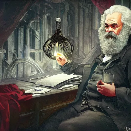 Image similar to Karl Marx pondering his orb, highly detailed, digital painting, artstation, concept art, smooth, sharp focus, illustration, art by todd lockwood and magalie villeneuve and alan lee and artgerm and greg rutkowski and alphonse mucha