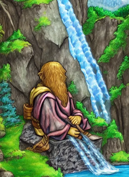 Image similar to old wise wizard sitting next to waterfall in the mountains, trending on deviantart, lord of the rings, detailed, colorful