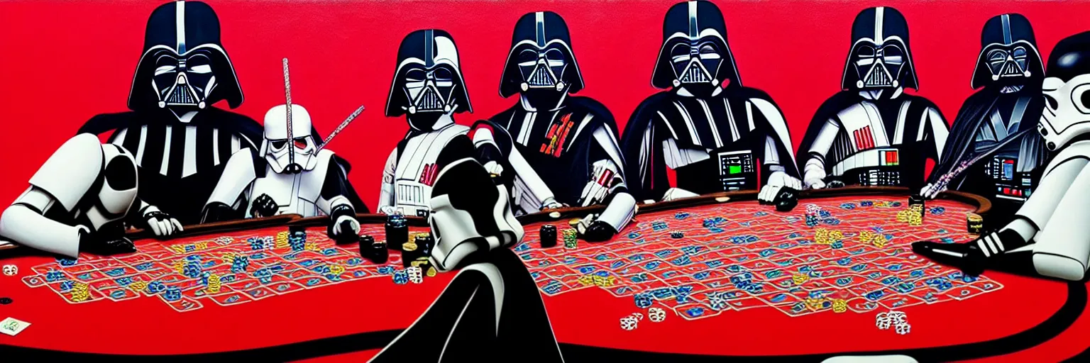 Image similar to hyperrealism composition of the detailed woman in a japanese kimono sitting at an extremely detailed poker table with darth vader and stormtrooper, fireworks on the background, pop - art style, jacky tsai style, andy warhol style, acrylic on canvas