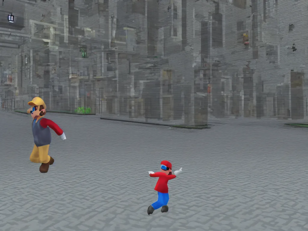 Image similar to glitchy Nintendo 64 N64 game, third person, man walking through city