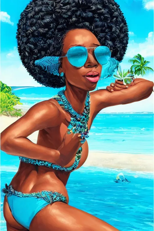 Image similar to a highly detailed beautiful portrait of Black women in the Caribbean wearing aquamarine bikini and shades, full glossy lips, drinking out of a coconut highly detailed, behance hd by Jesper Ejsing, by RHADS, Makoto Shinkaih and Lois van baarle, ilya kuvshinov, rossdraws global illumination, cinematic , hyper-reslistic, depth of field, coherent, high definition, 8k resolution octane renderer, artstation