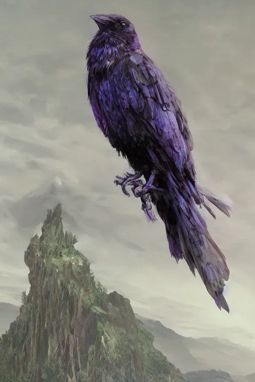 Image similar to portrait of a beautiful one raven perched on purple crystals that are glowing in a misty valley, establishing shot, extremly high detail, foto realistic, cinematic lighting, by yoshitaka amano, ruan jia, kentaro miura, artgerm, post processed, concept art, artstation, raphael lacoste, alex ross