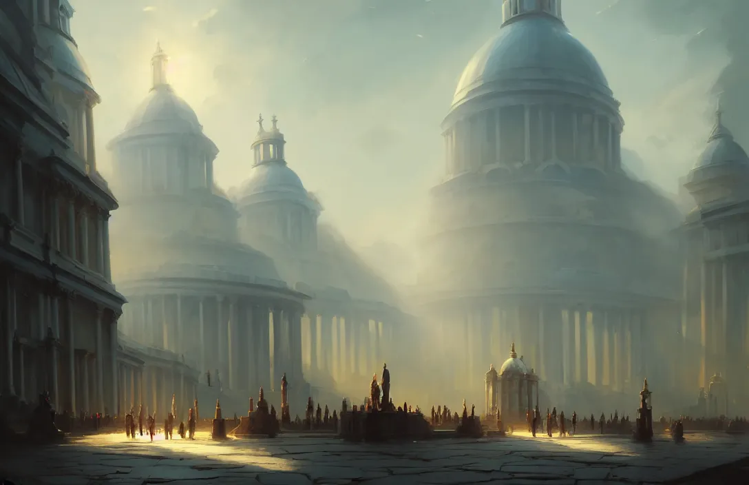 Prompt: royal naval college, people, blue sky, fantasy, concept art, low angle, highly detailed, warm lighting, volumetric, godrays, vivid, trending on artstation, by jordan grimmer, greg rutkowski