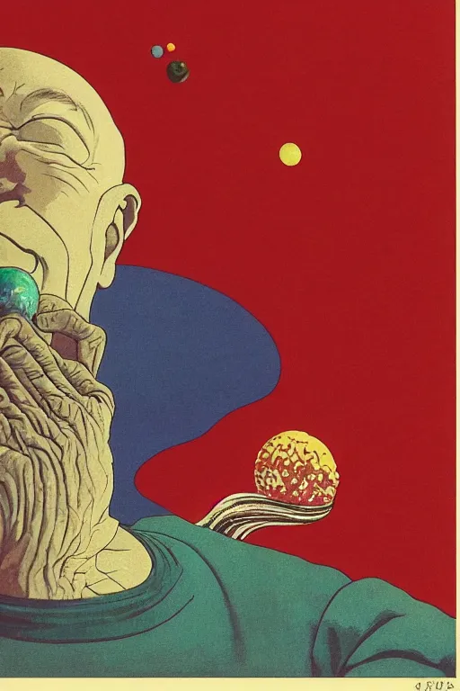 Image similar to a closeup portrait of an old man tripping his balls on acid and magic mushrooms in space, by kawase hasui, moebius, edward hopper, colorful flat surreal design, hd, 8 k, artstation