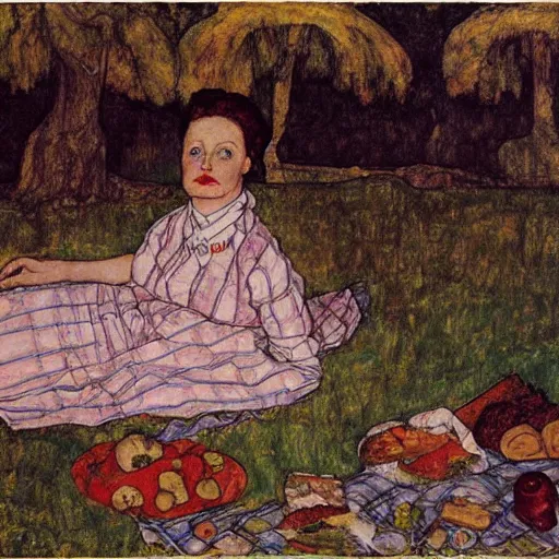 Prompt: girl at a picnic,, by Egon Schiele