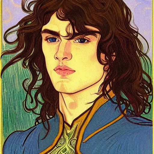 Image similar to portrait painting of young handsome beautiful paladin elf!! man with long! wavy dark hair in his 2 0 s named taehyung adam at the blueberry party, wearing armor!, long hair, elf ears, blue eyes, blueeyes!, elegant, delicate, soft facial features, art, art by alphonse mucha, vincent van gogh, egon schiele,