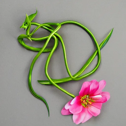 Prompt: studio photograph of a thin green vine creature with vine limbs and a pink blooming flower bulb with many sharp teeth