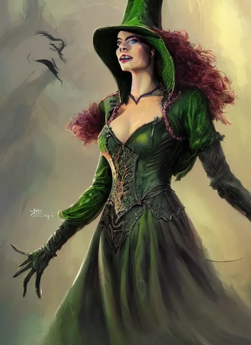 Image similar to beautiful female wicked witch, rebecca romijn as the wicked witch of the west, full body character concept, armor, super powers, fantasy, intricate, elegant, highly detailed, digital painting, artstation, concept art, shining, sharp focus, illustration, art by stanley lau