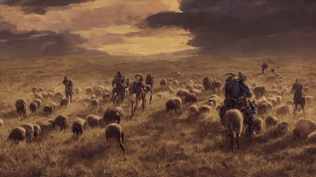 Prompt: Cyberpunk cowboys herding sheep in a No Man\'s Sky landscape in the style of Frederic Remington