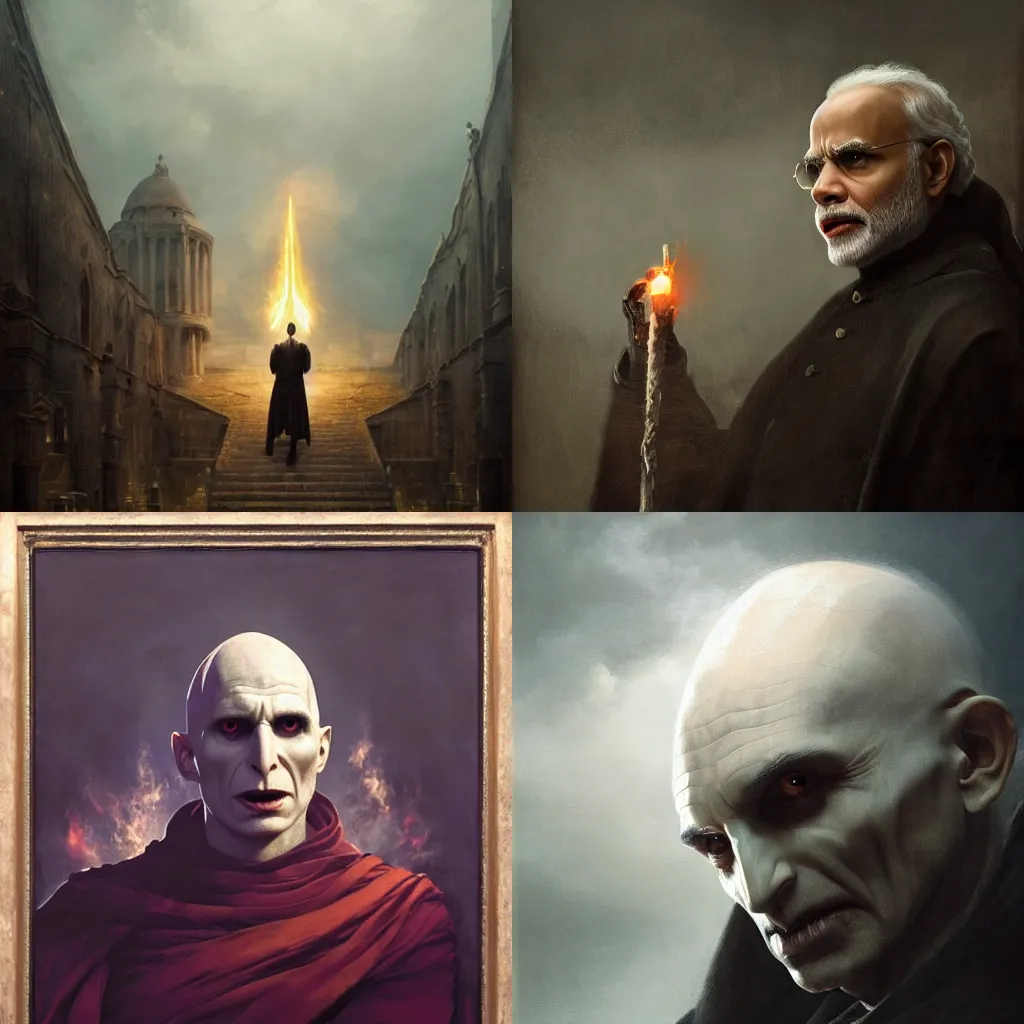 Prompt: Narendra Modi as Voldemort in Harry Potter and the Deathly Hallows, masterpiece, oil on canvas, by Greg Rutkowski, neoclassical portrait, chiaroscuro, 8K,