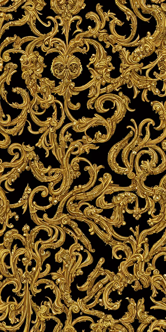 Prompt: subsurface scattering, seamless 3 d baroque gold and black pattern, beautiful dynamic shadows, gold silver iridescent pearls and swarovski crystals, symmetrical, rococo elements, damask, artstation, versace pattern, concept design art, octane render, 8 k